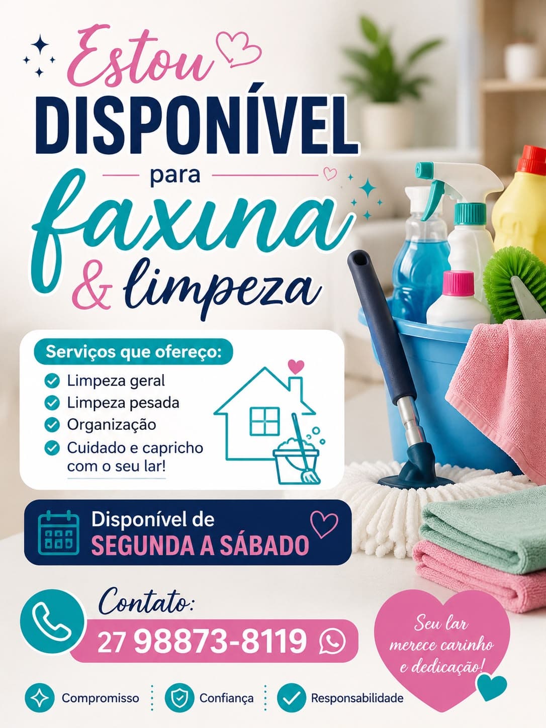 Procura uma profissional de confiança para cuidar do seu lar? Serviço de faxina pontual, caprichoso e com referência. Su