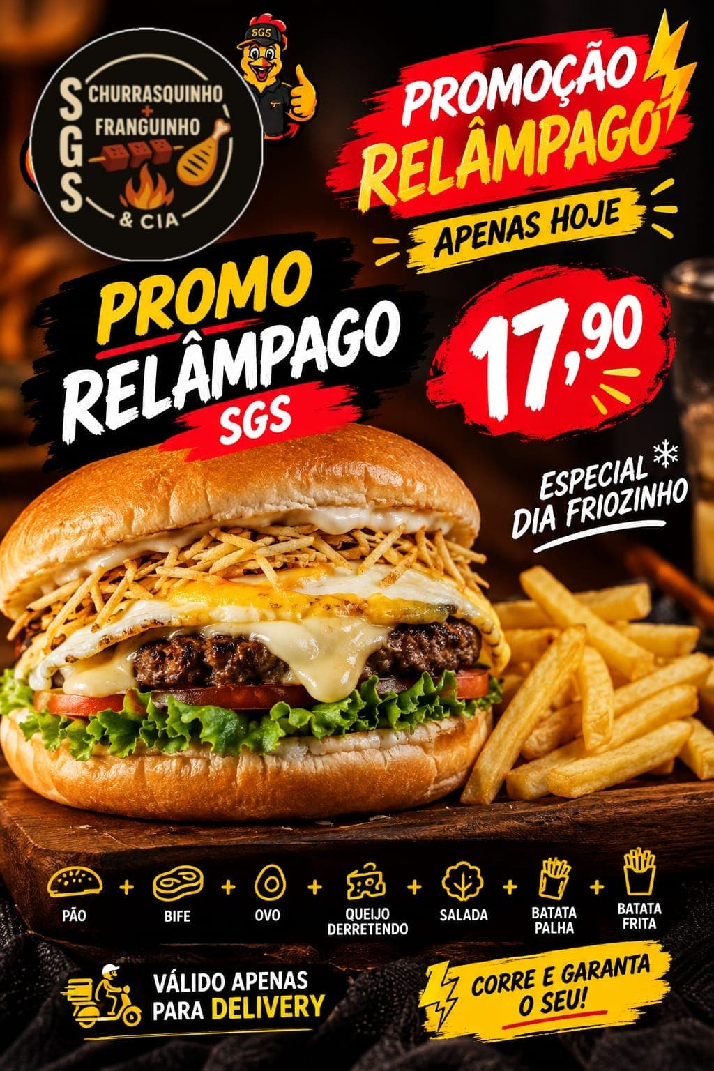 Especial dia chuvoso! Lanche por apenas 17,90 acompanhado de batatas fritas!